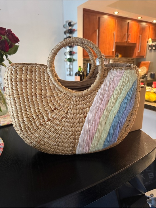 Sea&Grass Handbags - Woven Straw Crescent Tote with Pastel Rainbow Detail
